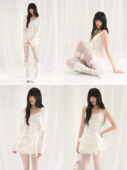 White Ruched Cami &amp; Cardigan Set