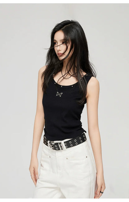 White &amp; Black Butterfly Printed U-neck Tank Top
