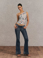 Vintage Print One-Shoulder Crop Top