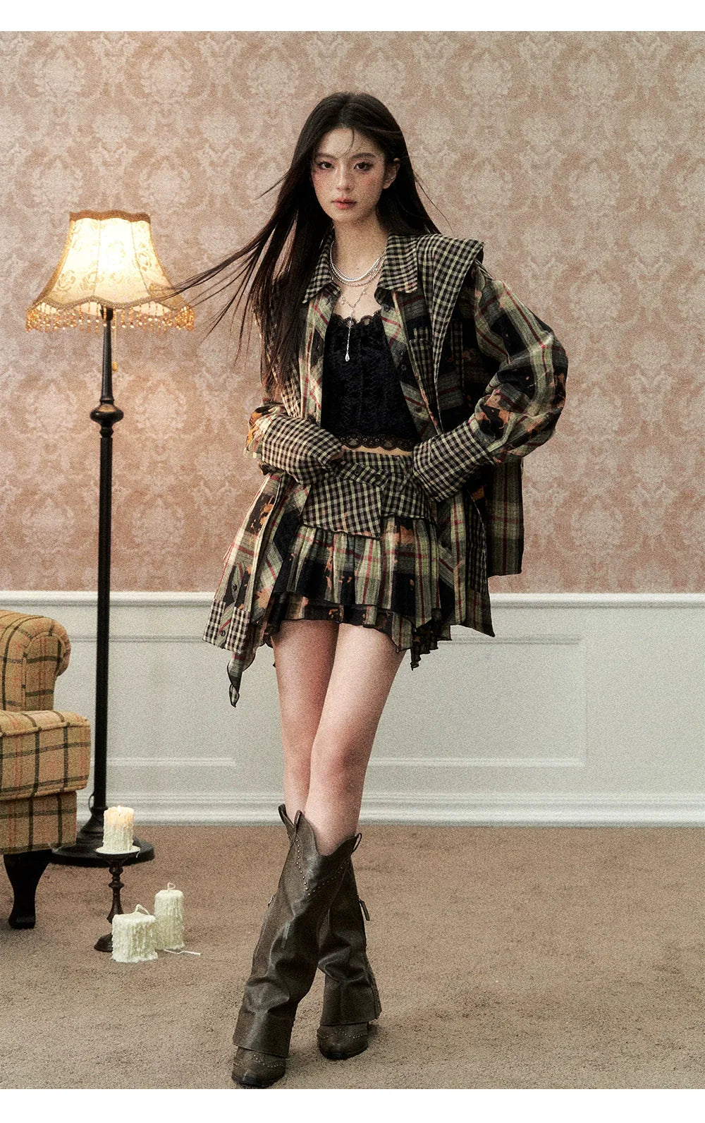 Washed Distressed Plaid Shirt &amp; Skirt Set
