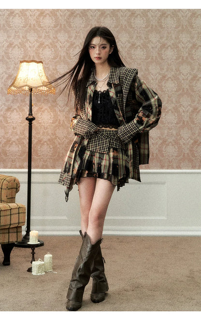 Washed Distressed Plaid Shirt &amp; Skirt Set