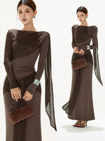 Brown Ruched Knit Blouse & Skirt Set