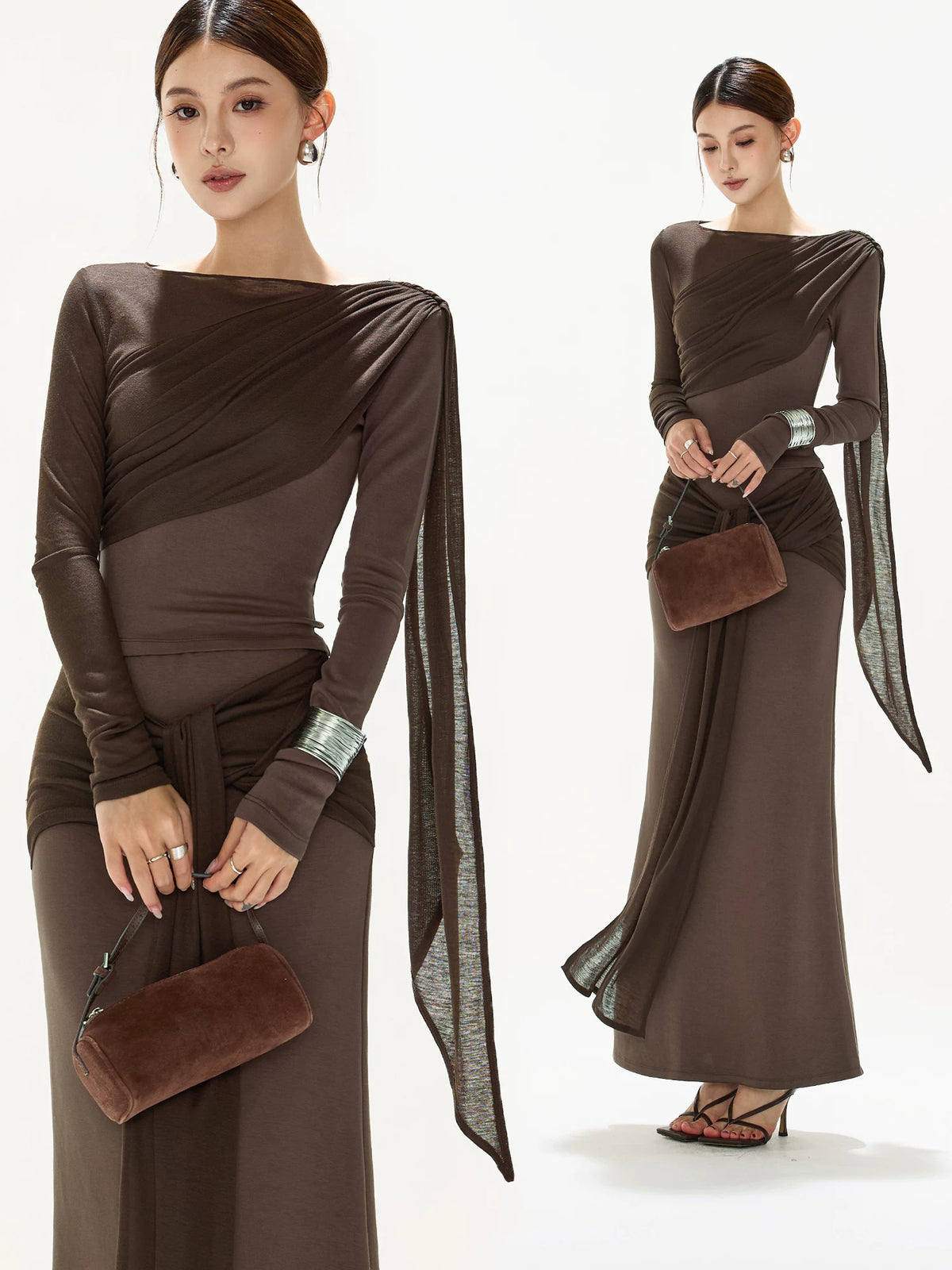 Brown Ruched Knit Blouse &amp; Skirt Set