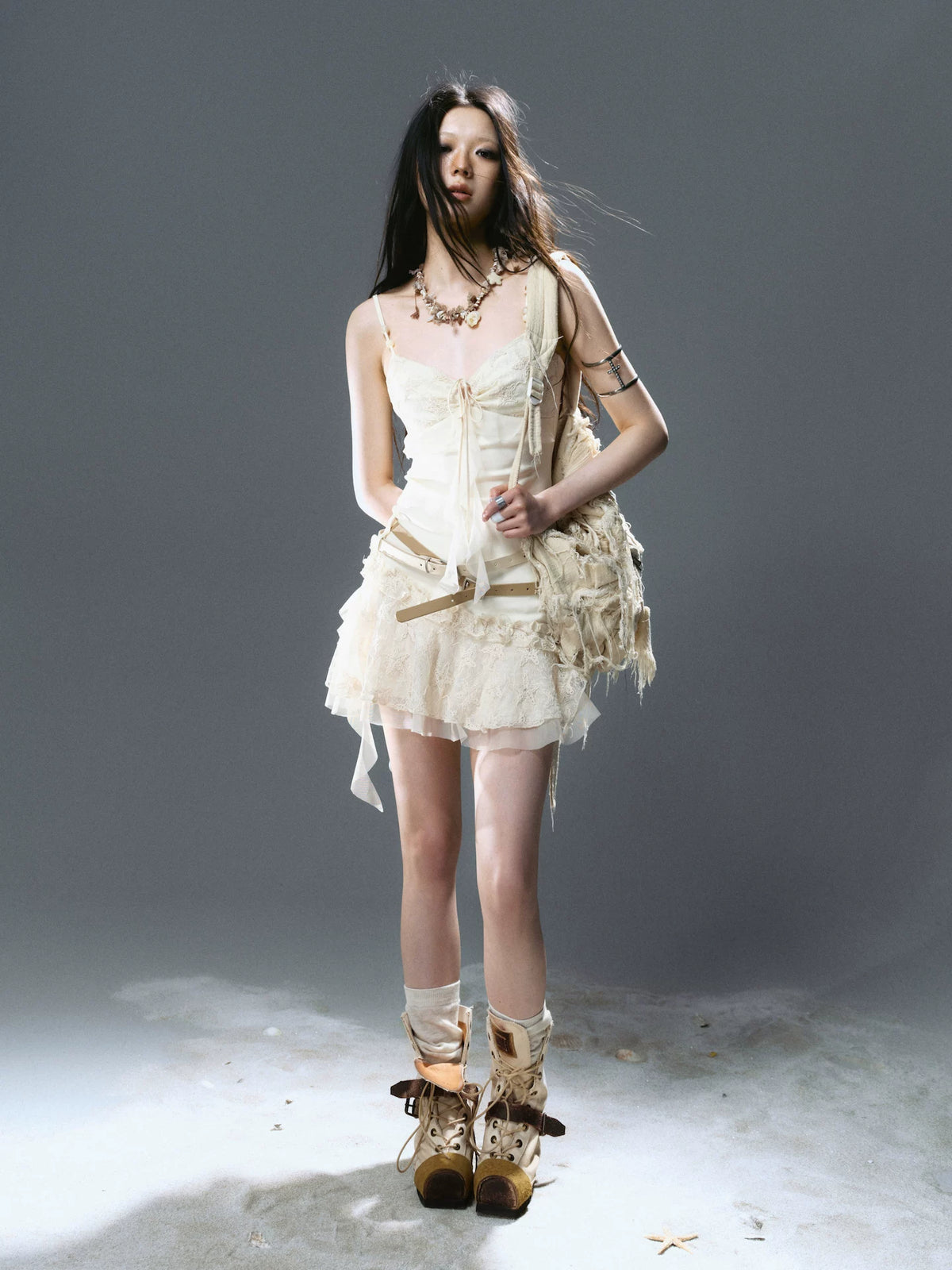 Pleated Belt Slip Dress