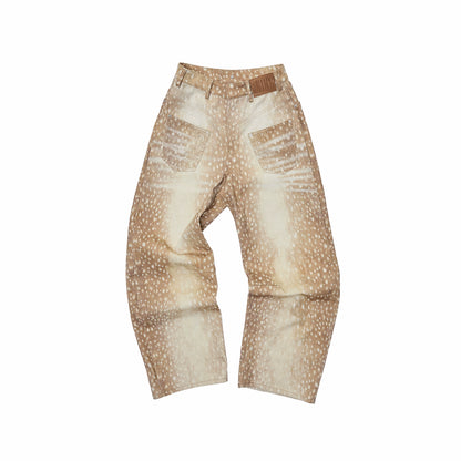 Vintage Deer Print Curved-Leg Canvas Pants
