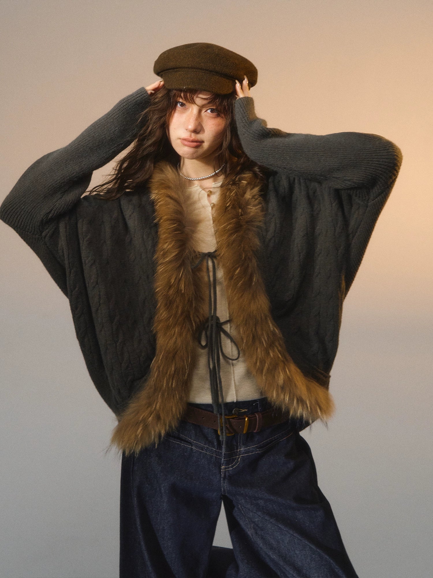 Tie Batwing Fur Collar Sweater