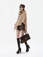 Detachable Fur Collar Cable Knit Cape