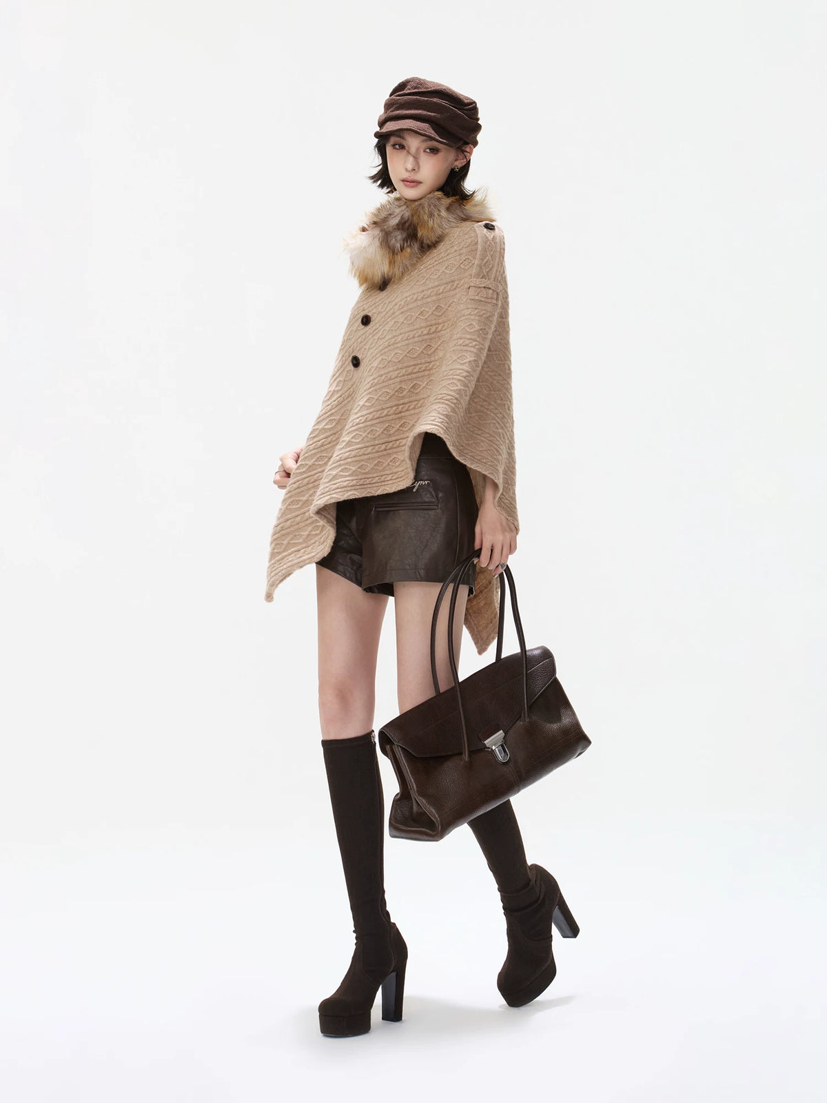 Detachable Fur Collar Cable Knit Cape