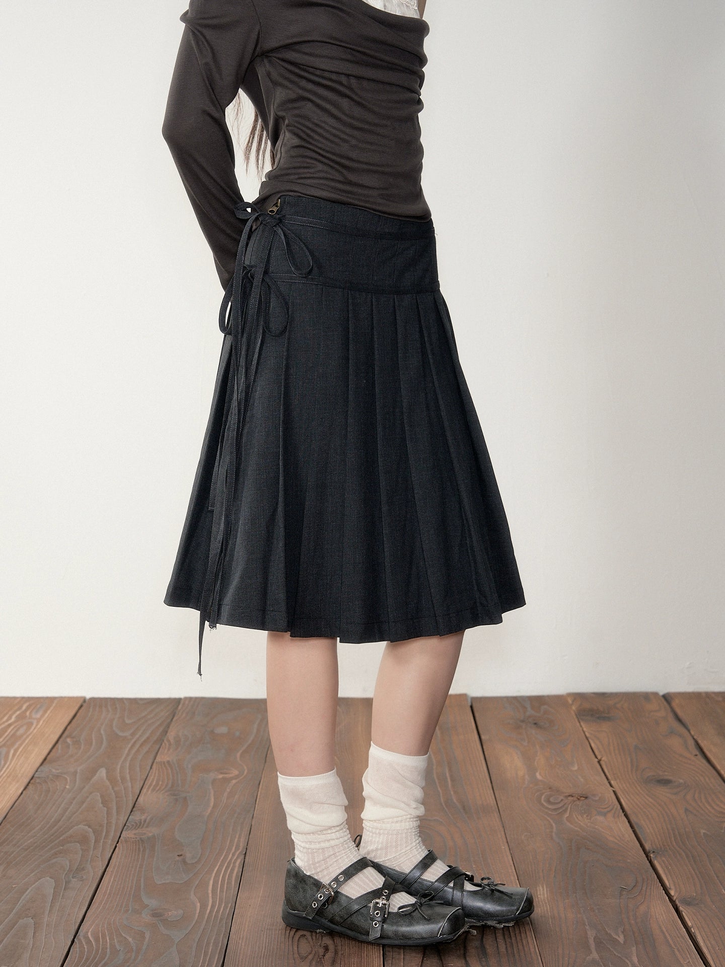 Dark Grey Tie-Waist Pleated Midi Skirt