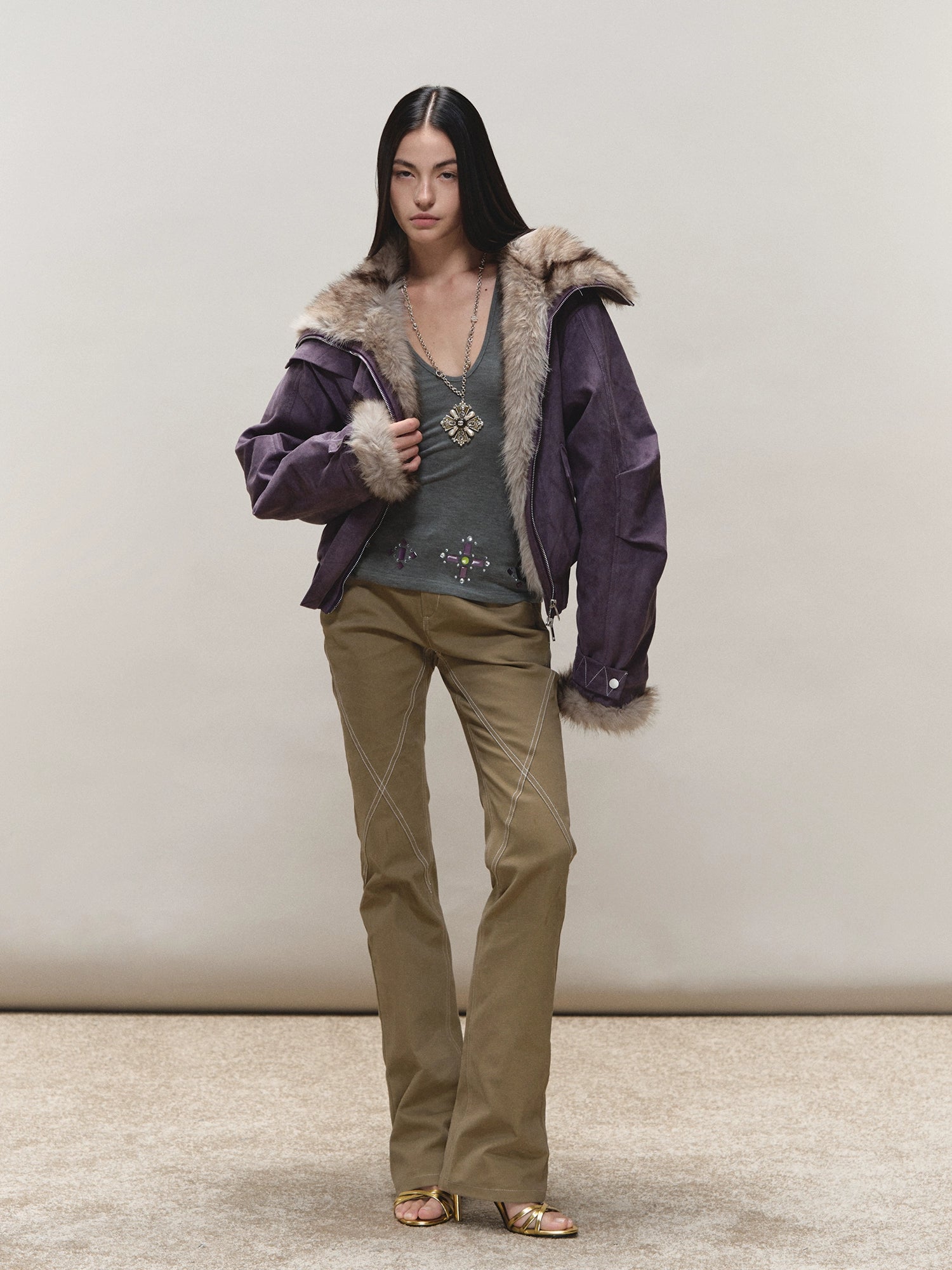 Faux-Suede Fur-Collar Quilted Parka