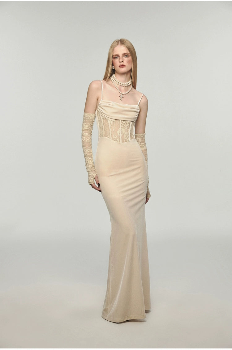 Fishbone Strap Long Velvet Bodycon Dress