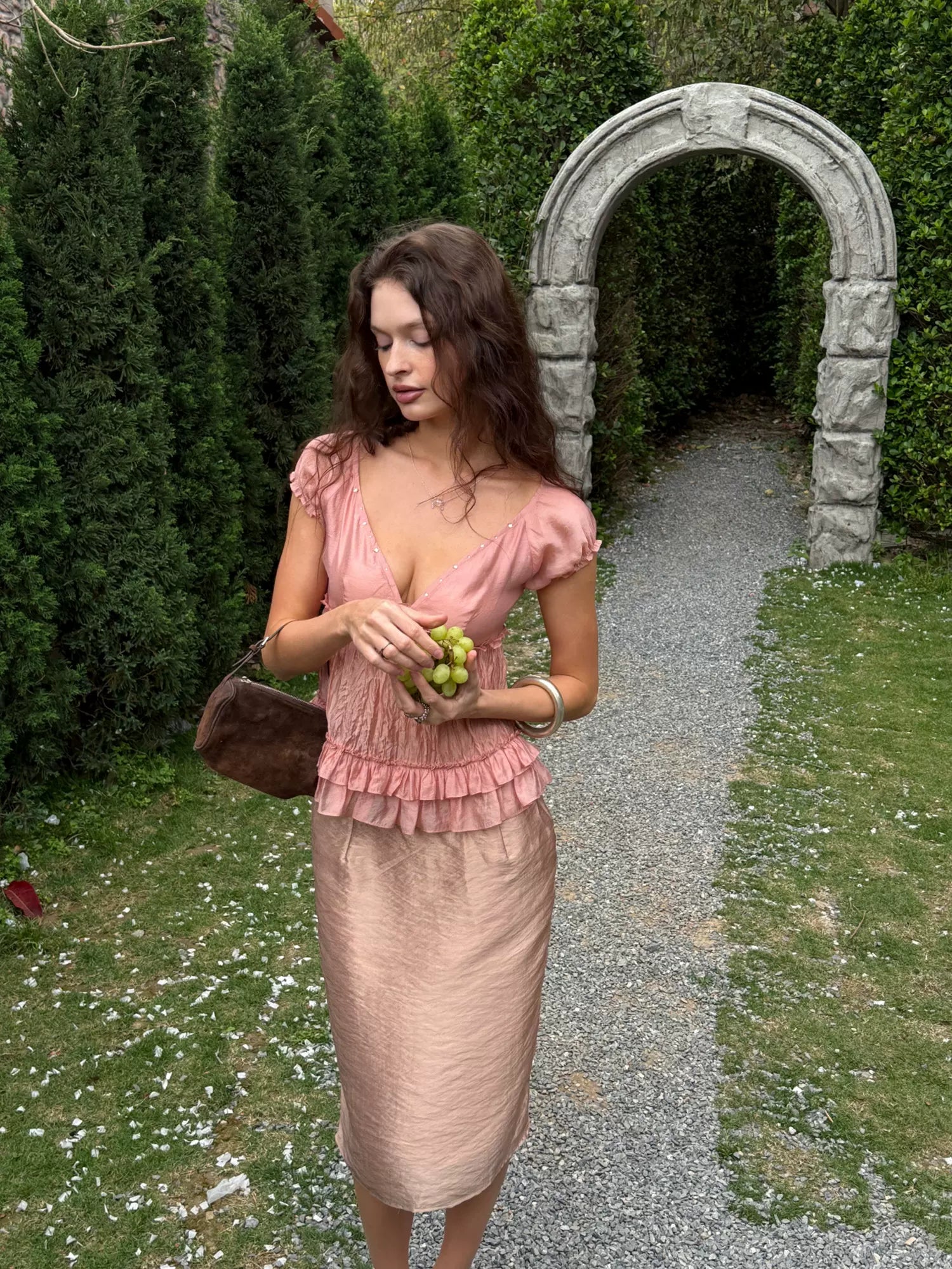 Pink Rhinestone V-Neck Blouse