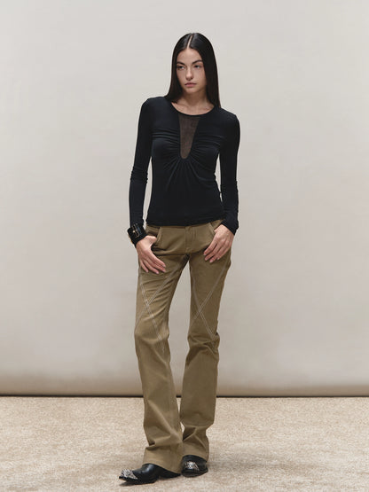 Tencel Ruched Mesh V-Neck Top