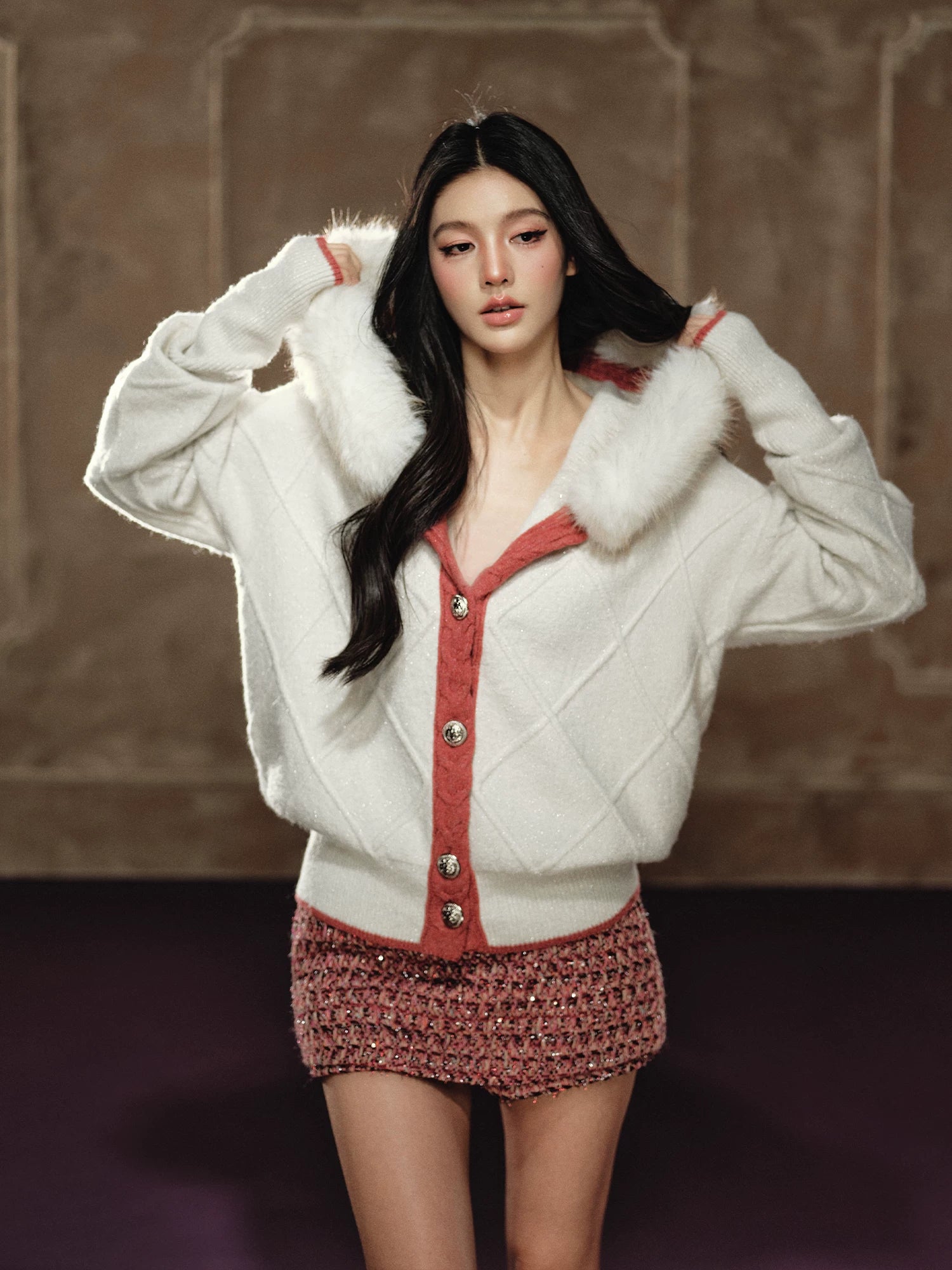 Chunky Knit Diamond Pattern Hooded Cardigan