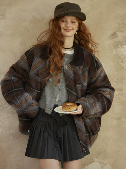 Plaid Wool-Blend Lapel Jacket
