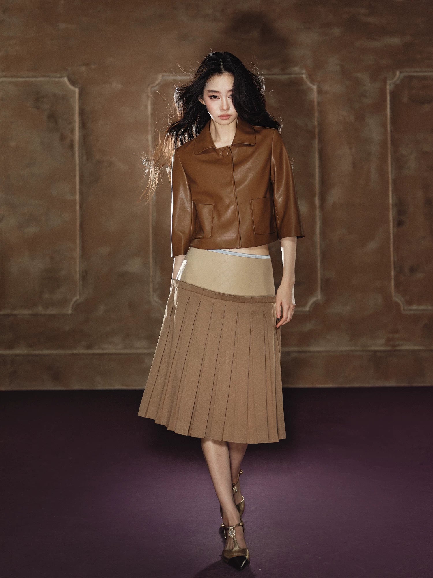 Satin Pleated A-Line Skirt Leather Jacket Set