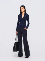Deep-Blue V-Neck Structured Knit Top