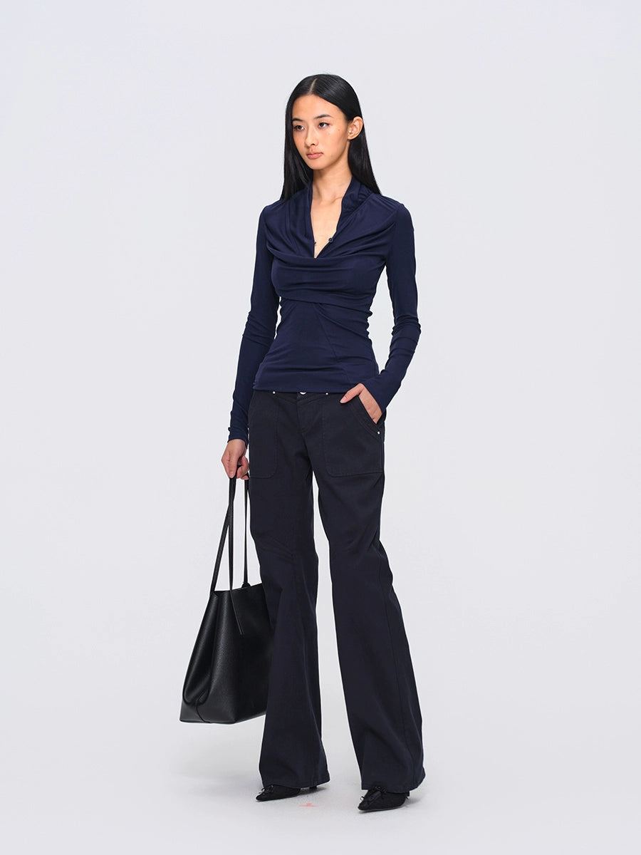 Deep-Blue V-Neck Structured Knit Top