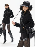 Black Double-Breasted Stand Collar Biker Jacket