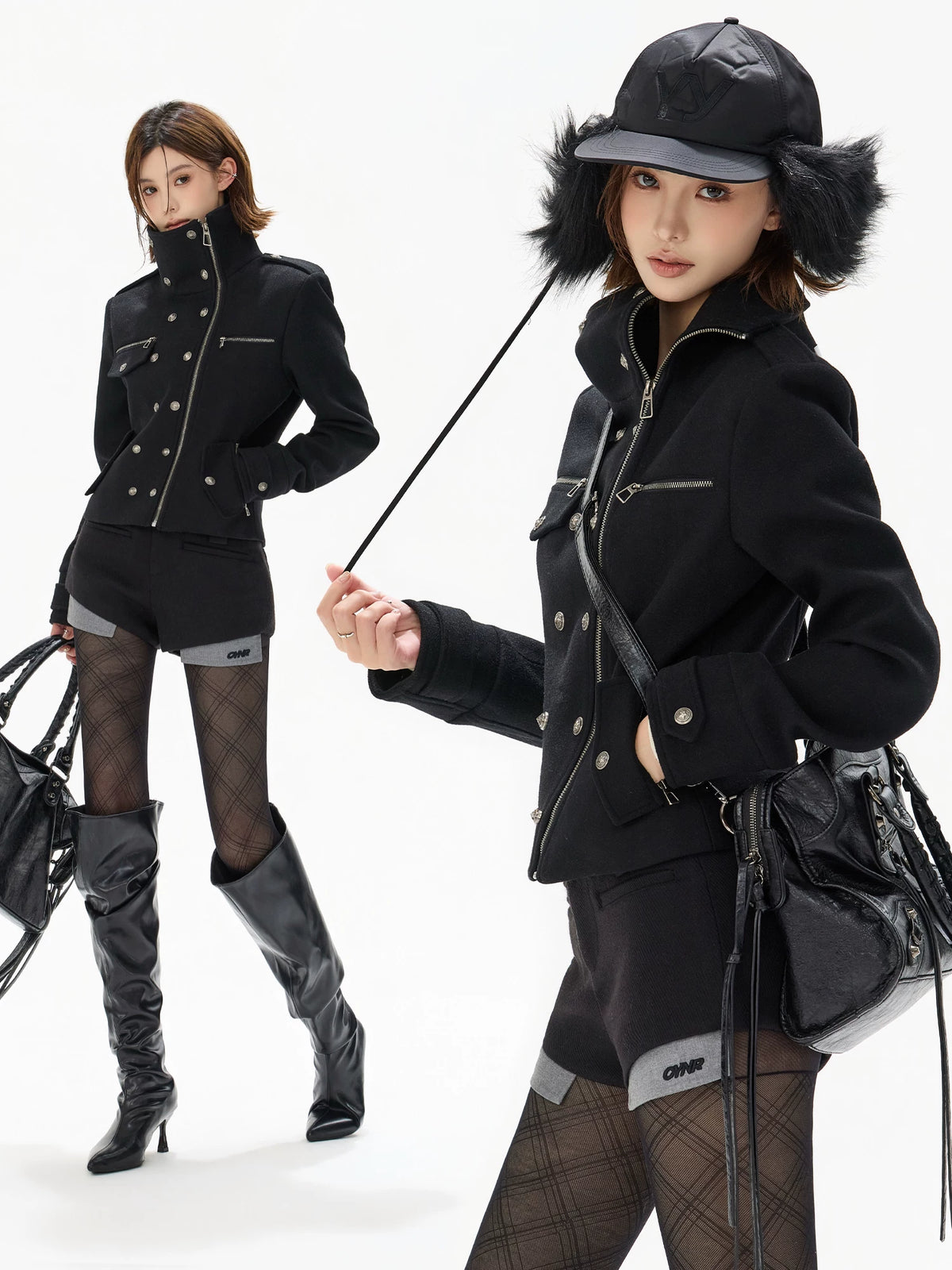 Black Double-Breasted Stand Collar Biker Jacket