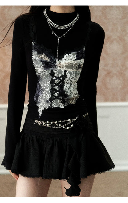 Off-white &amp; Black Lace Splice Mock Neck T-shirt