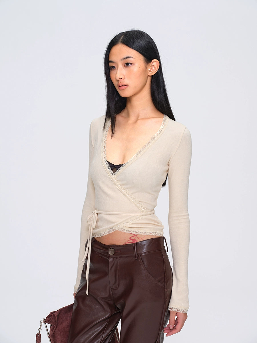 Two-Tone Lace-Trim Cross-Tie Cropped Knit Cardigan