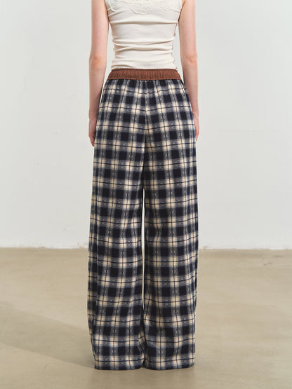 Blue Relaxed Plaid Wide-Leg Pants