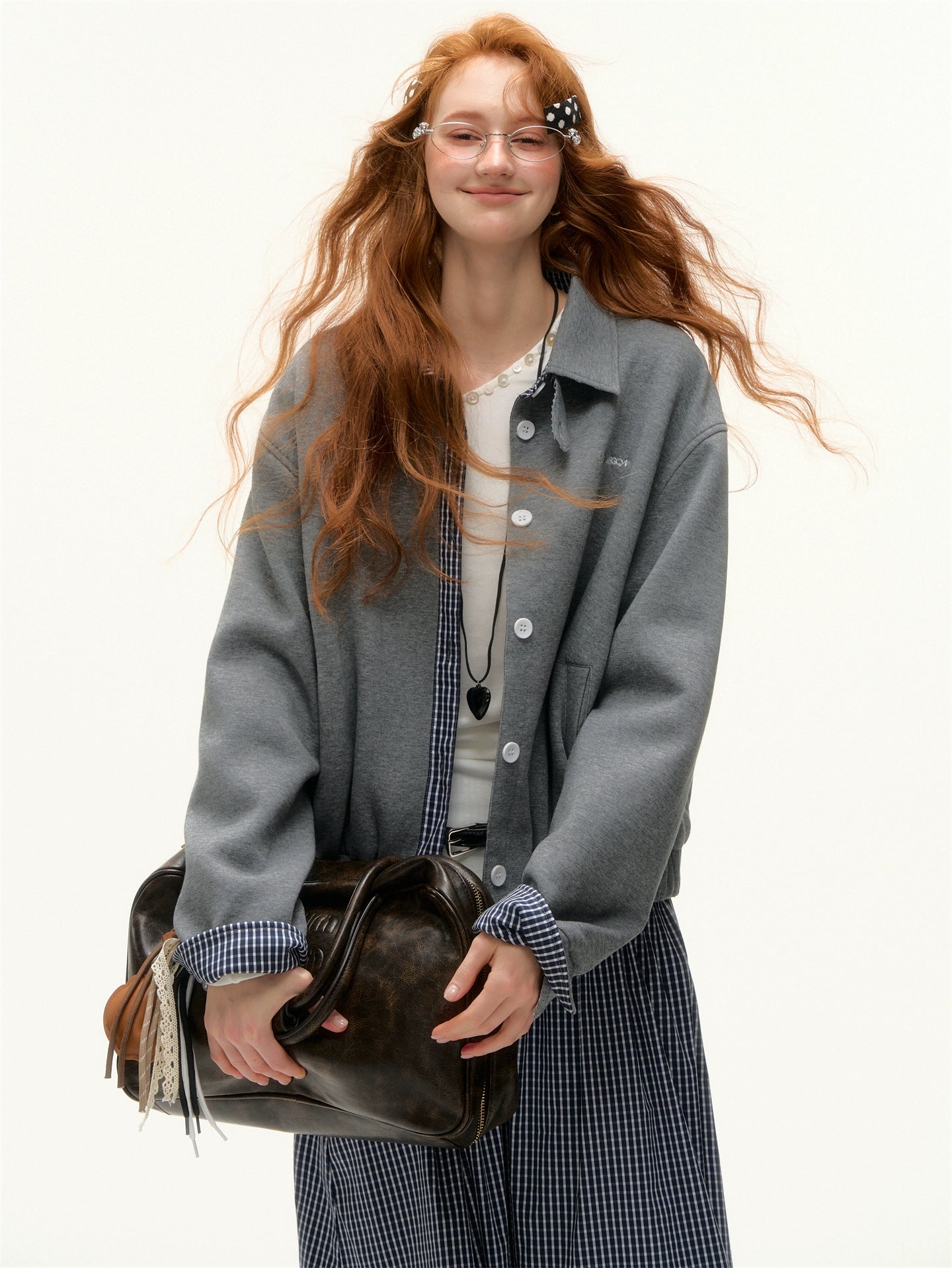 Plaid Collar Zip Sweatshirt Jacket