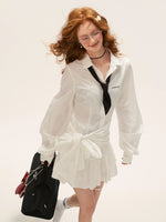 White Textured Bow Detail Shirt Dress