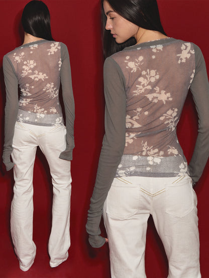 Sheer Print Open-Back Knit Top