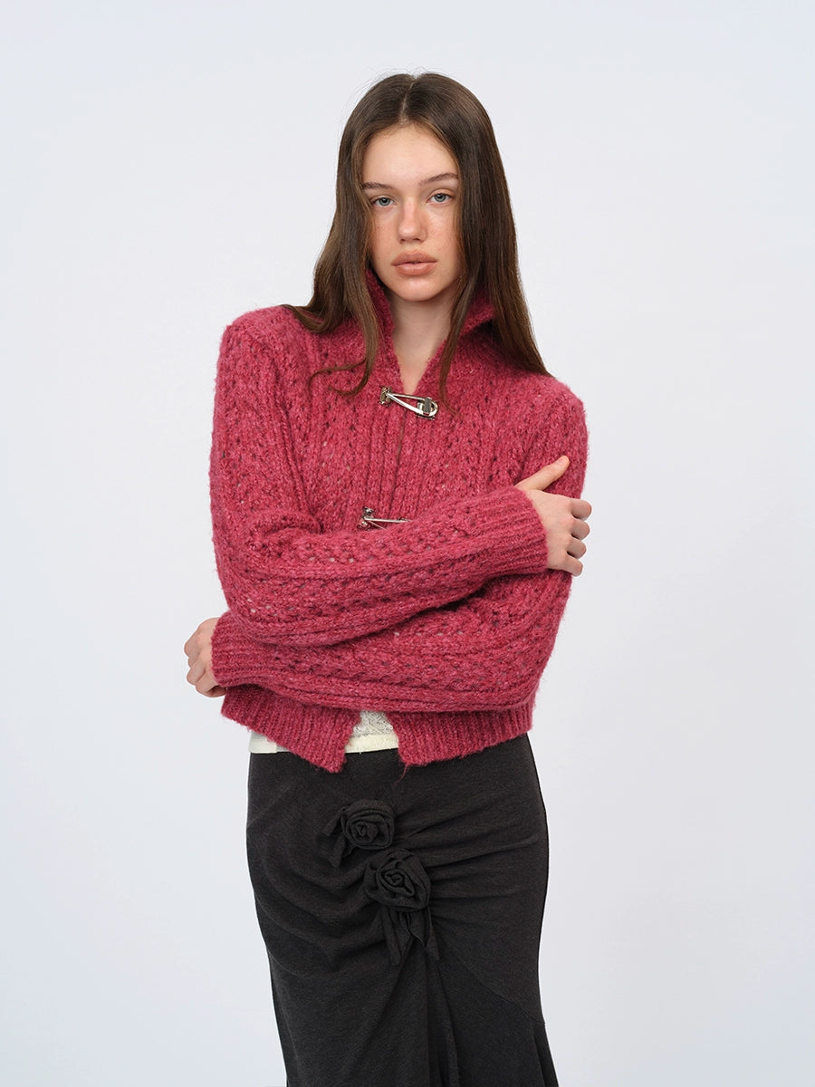 Ivory &amp; Red Cutout Knit Cardigan