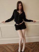 Ruffle Trim Ruched Knit Cardigan