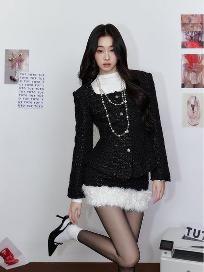 Chanel-style Square Neck Waist-Cinching Jacket &amp; skirt set