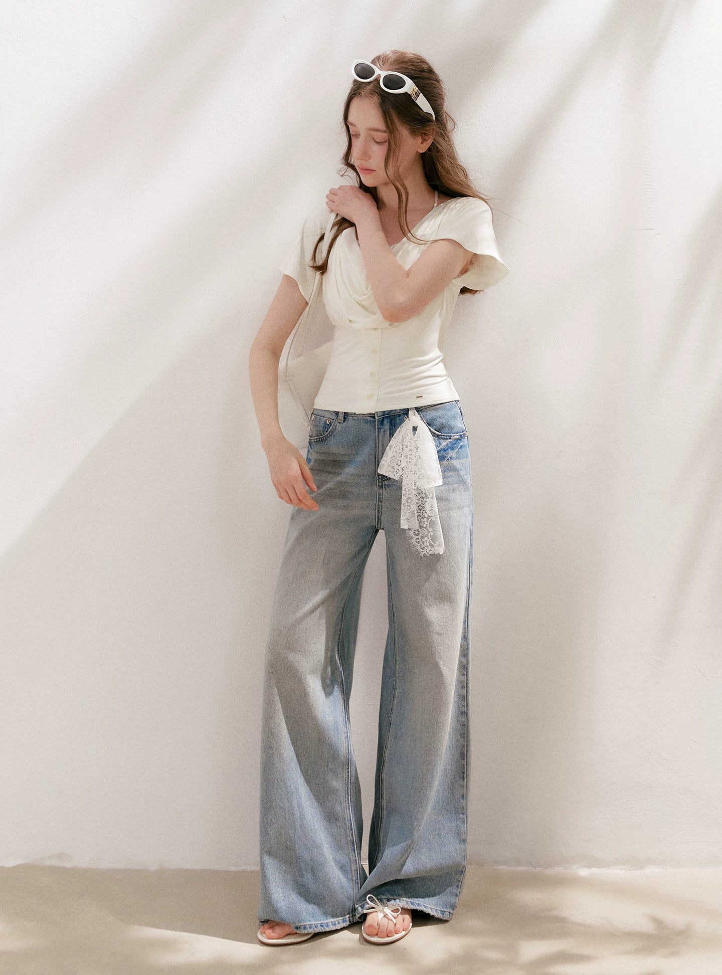 Lace Tie Wide-Leg Jeans