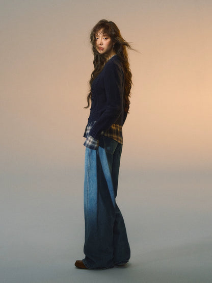 Plaid Layered Cable Cardigan