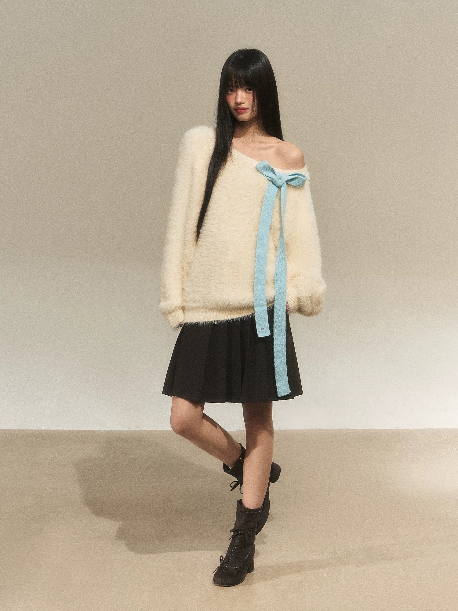Bow Tie Off-Shoulder Knit Sweater