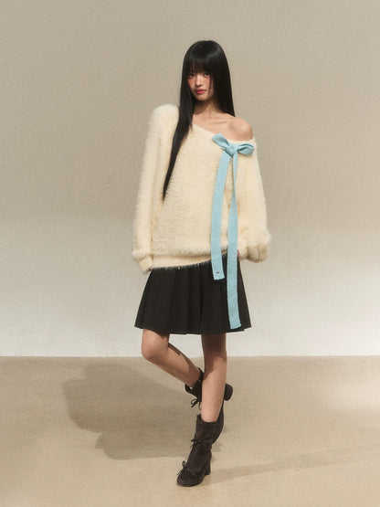 Bow Tie Off-Shoulder Knit Sweater