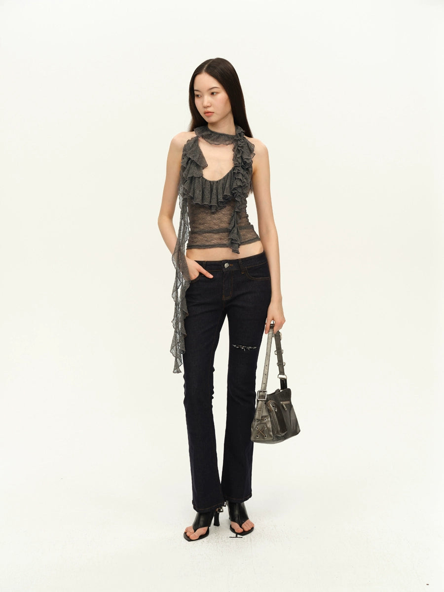 Dark Blue Lace Paneled Cutout Slim Jeans