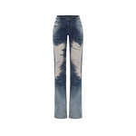 Blue Mesh Patchwork Low-Rise Flared Pants