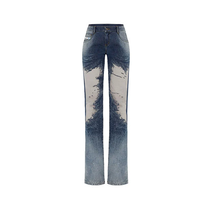 Blue Mesh Patchwork Low-Rise Flared Pants