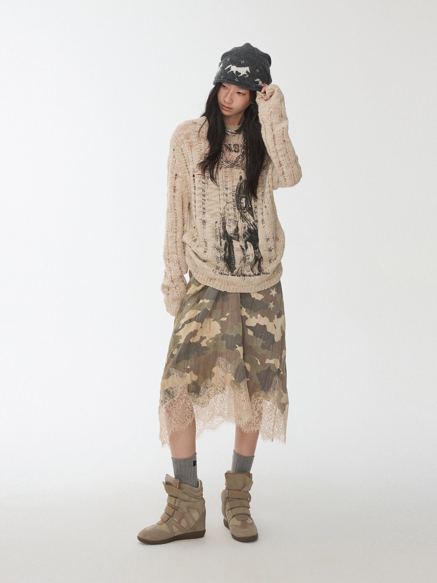 Camouflage Lace Trim Slip Dress