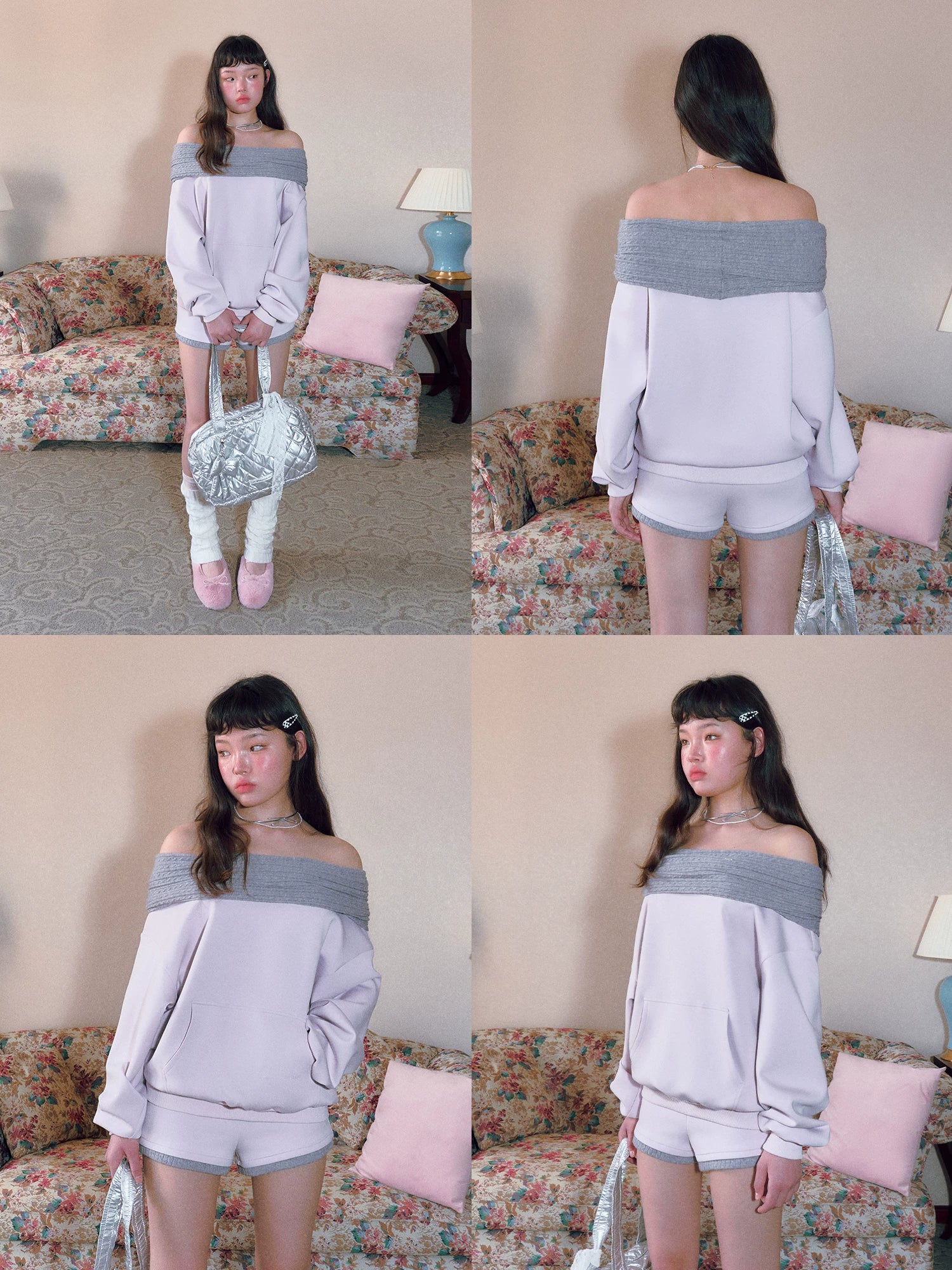 Pink Foldover Off-Shoulder Sweatshirt