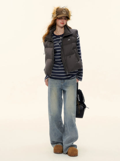 Washed Denim Curved-Cut Pants
