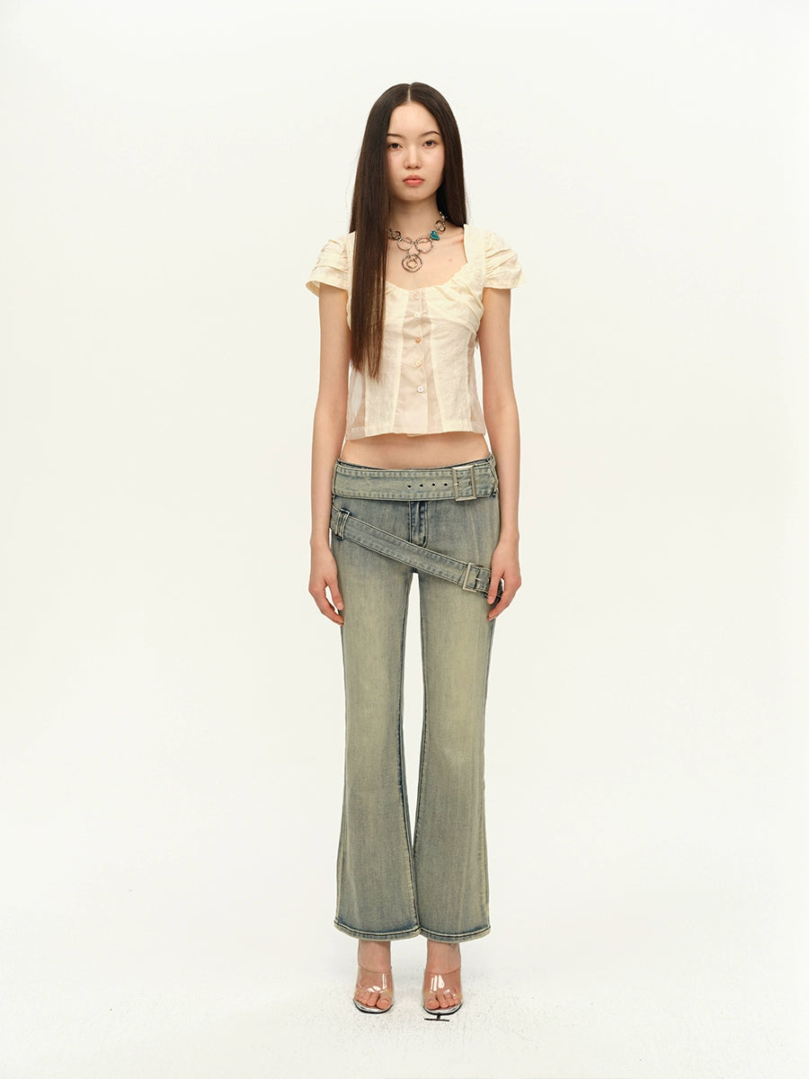 Double Waist Flared Denim Pants