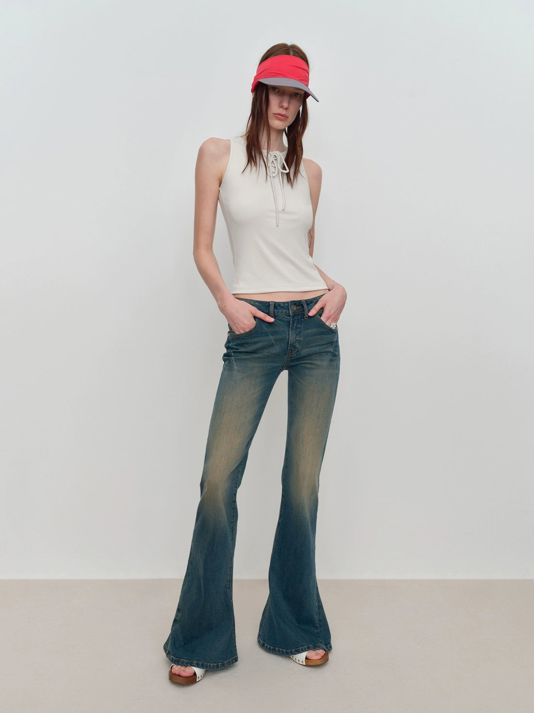 Washed Blue Mid-Low Rise Denim Bootcut Pants