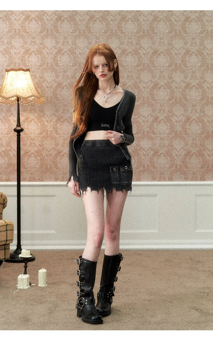 Gray Distressed Knitted Cardigan &amp; Skirt Set