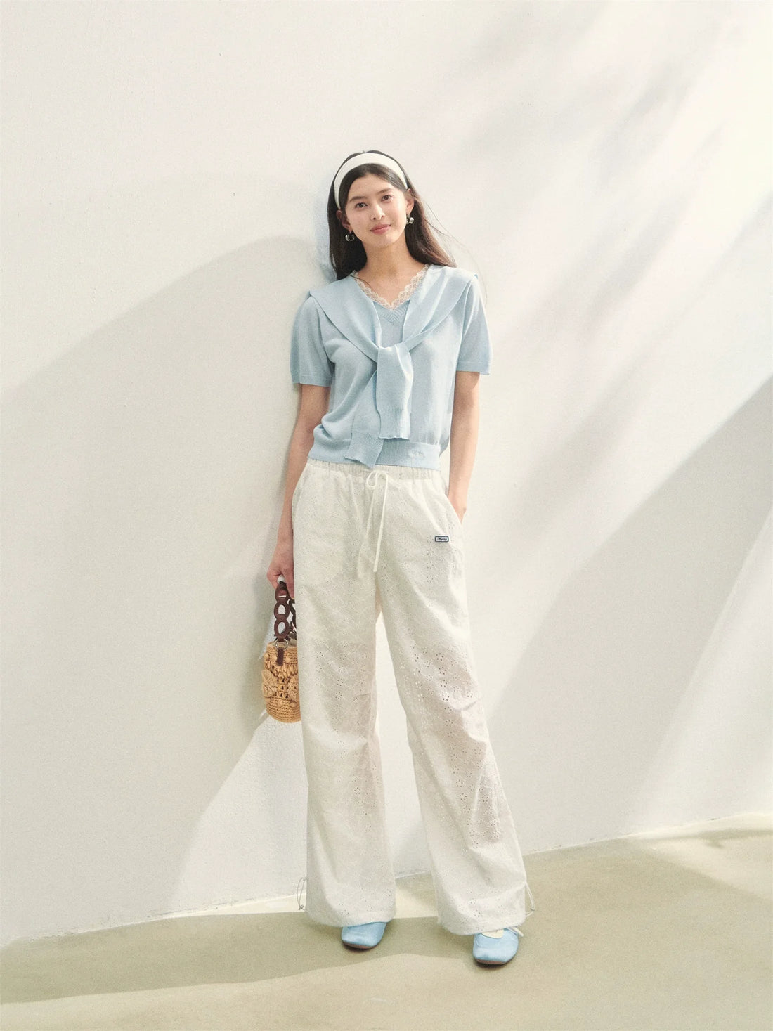 Hollow Embroidery Tie-up Casual Pants