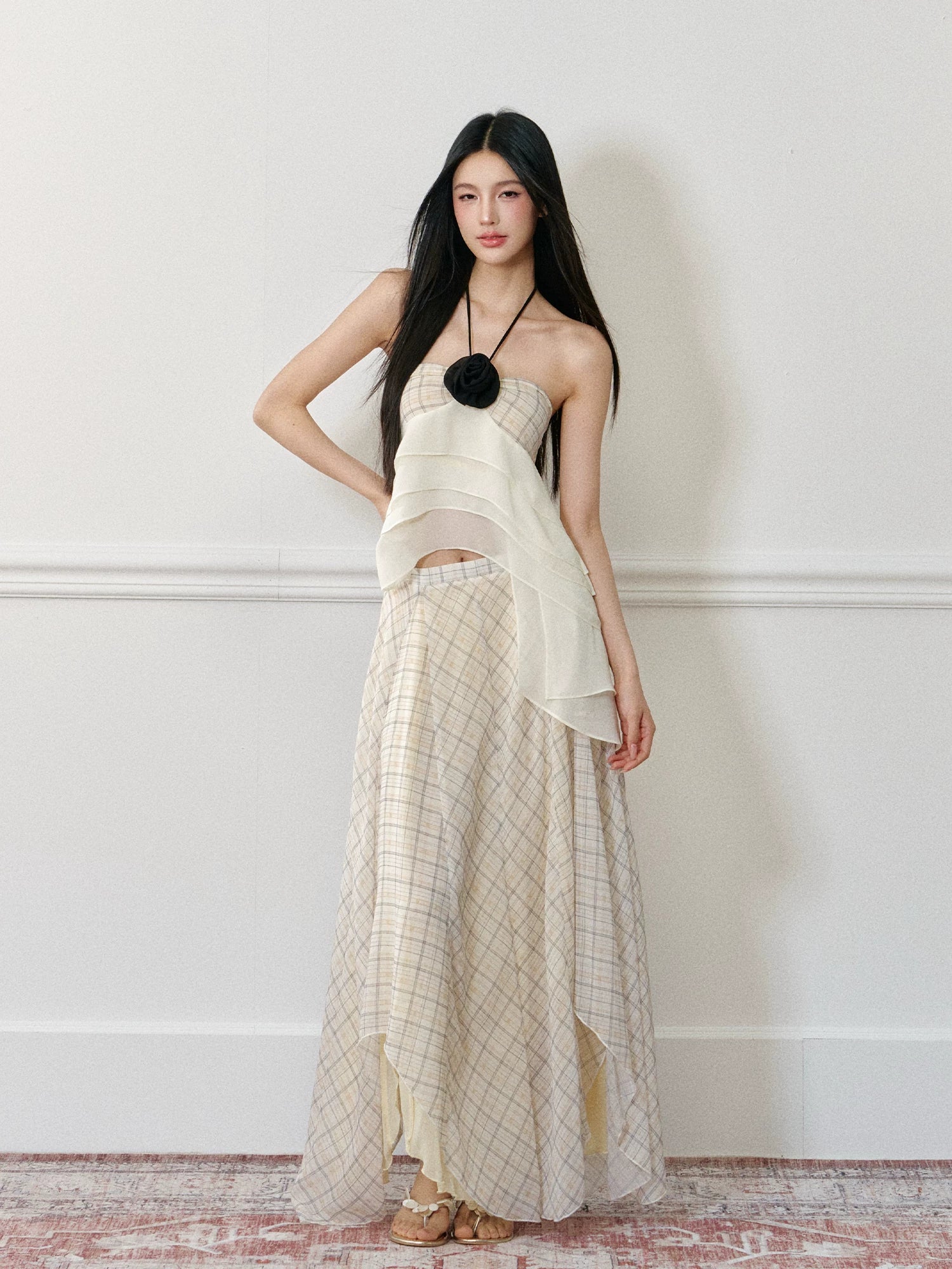 Rose Halter Tank Top &amp; Pleated Skirt Set