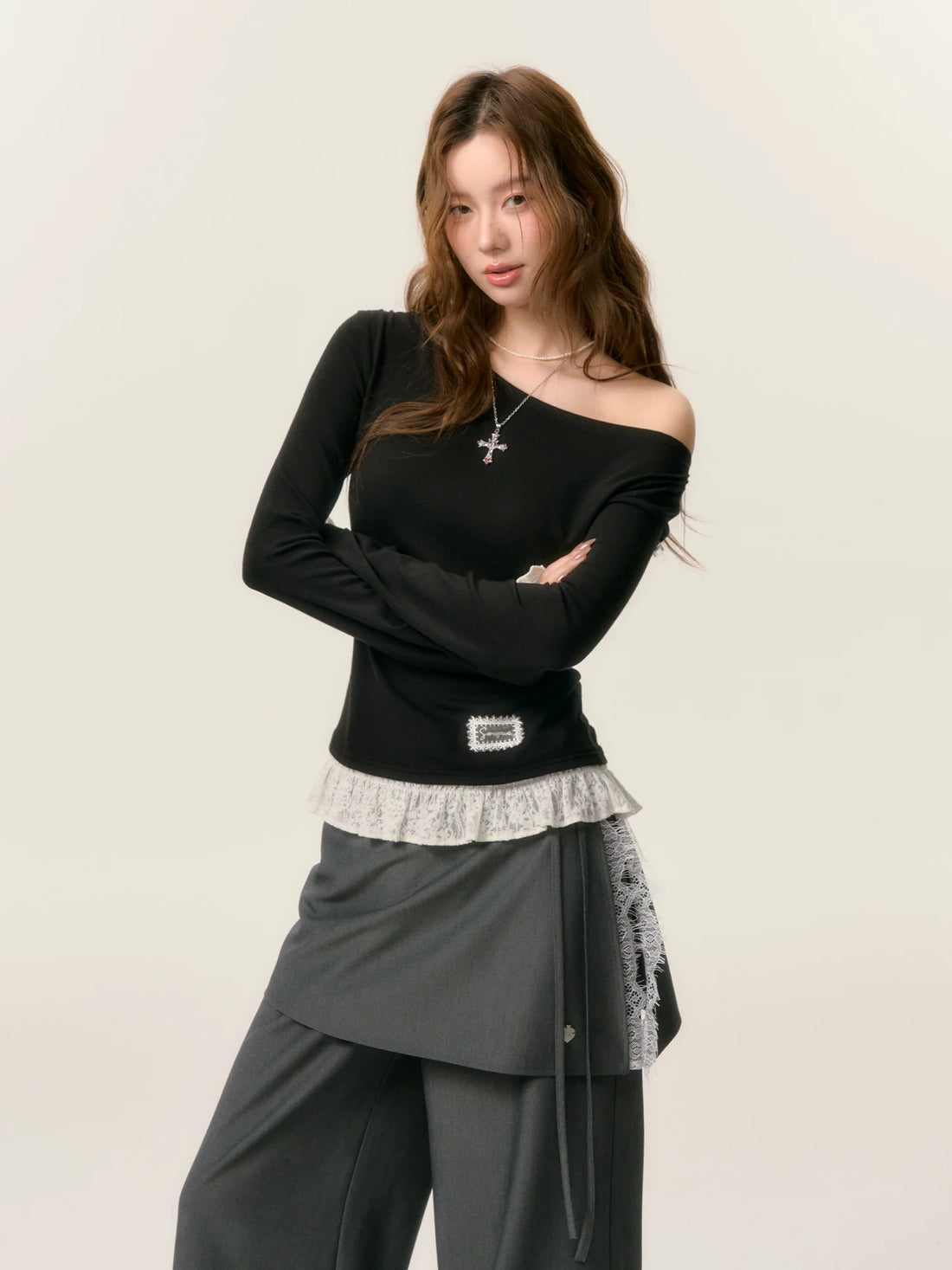 Lace Trim Patchwork Knit T-shirt
