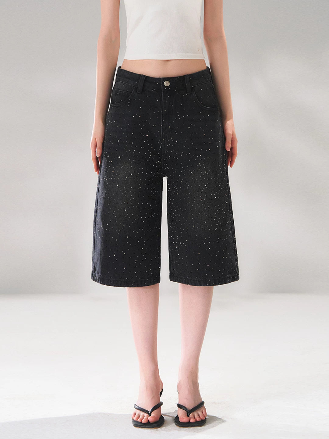 Rhinestone Washed Denim Culottes